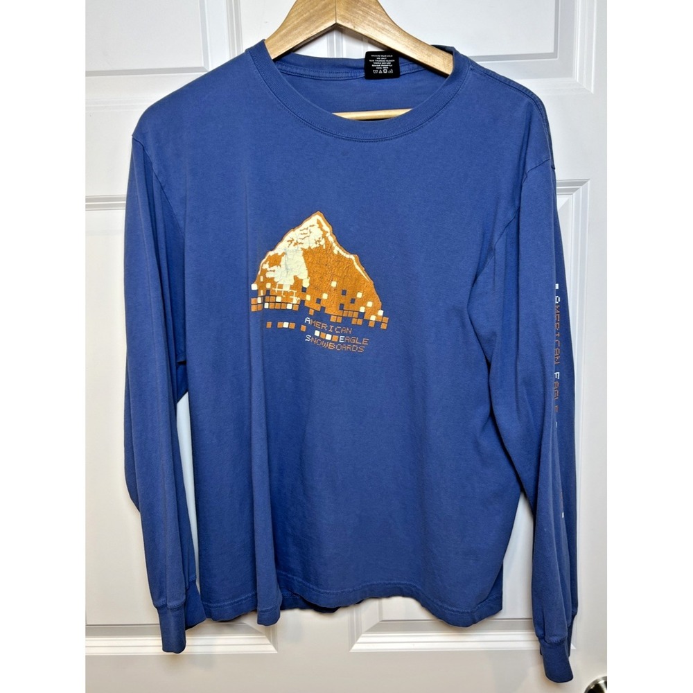 Vintage American Eagle Snowboard Men's Long Sleeve Blue Graphic Tee Medium Y2K